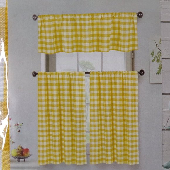 Home Maison Small Window Curtain Set Yellow Gingham 3 Piece Set   3079 - Picture 1 of 4
